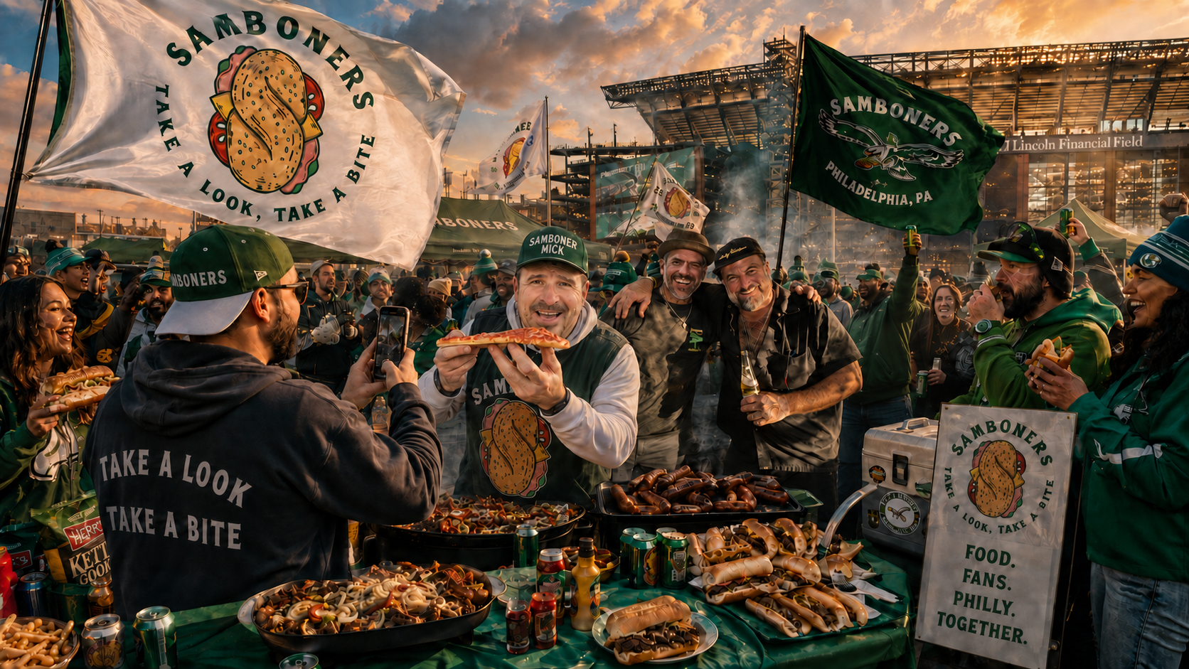 Samboners tailgate outside a Philadelphia stadium: Mick holding up a slice of tomato pie behind a table of hoagies and sausages, a friend filming on a phone, Samboners flags flying overhead