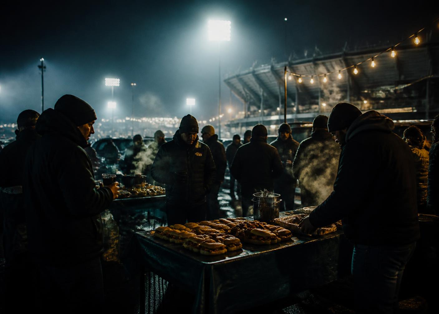 Nighttime tailgate in a South Philadelphia stadium lot under floodlights